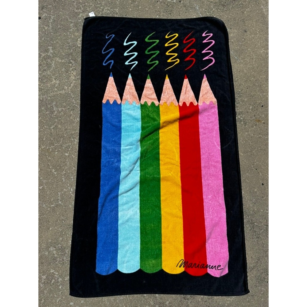 Vintage Terrimondo Colored Pencil Beach Towel Marianne Israel Cotton 52x30 Black